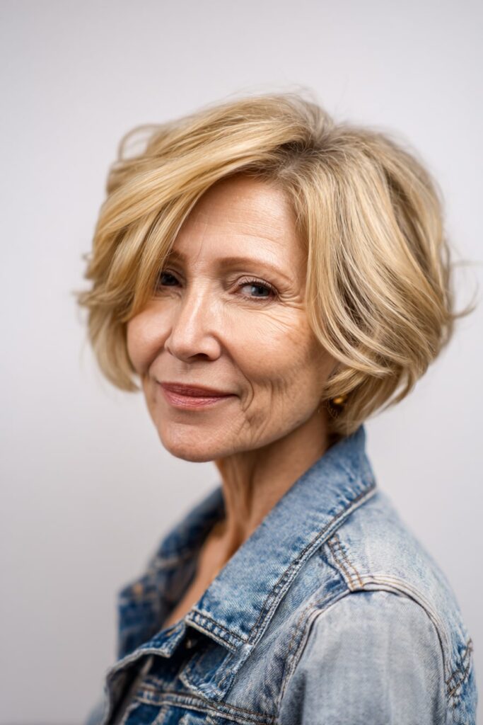 Woman over 50 wearing a short stacked bob with soft blonde balayage, gently layered and styled, shot in soft golden tones.