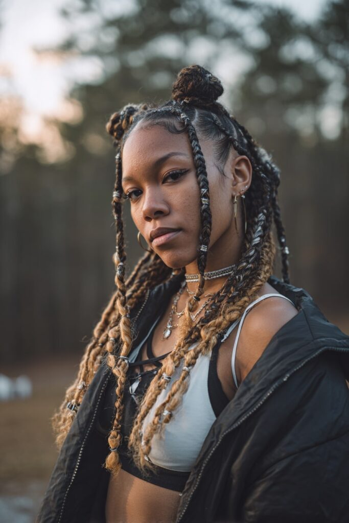 Jayda Wayda-inspired braids fading from black to blonde ombré, with tribal parting and accessories.