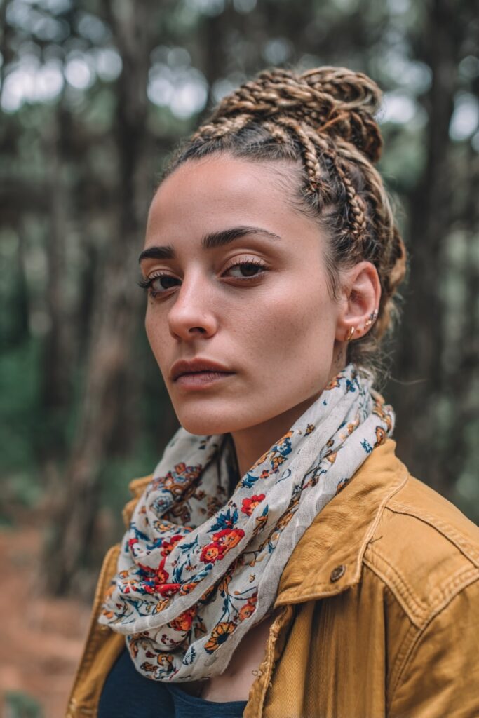 Bohemian-style braided updo for medium hair with relaxed, carefree summer vibes