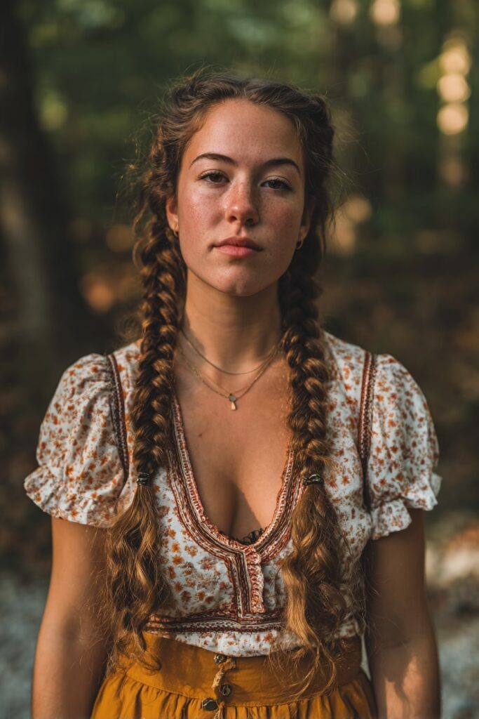 Model wearing boho-inspired Jayda Wayda braids in low pigtails with curly ends and soft parting.