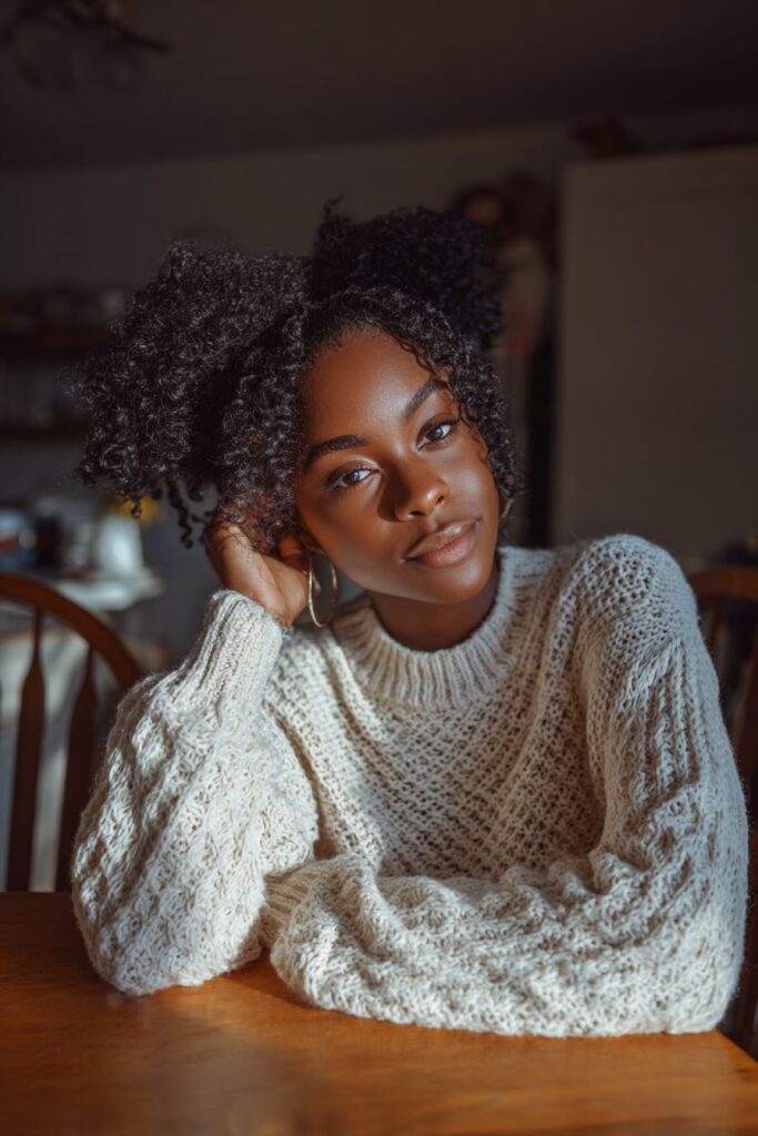 Black woman with bouncy curls from a braid-out, wearing a cream knit sweater, smiling softly while seated at a wooden dining table in cozy lighting.