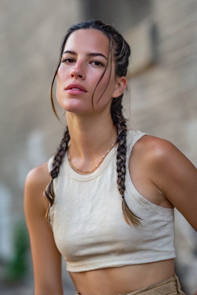 Medium-length hair styled in a braided ponytail updo, ideal for active summer days