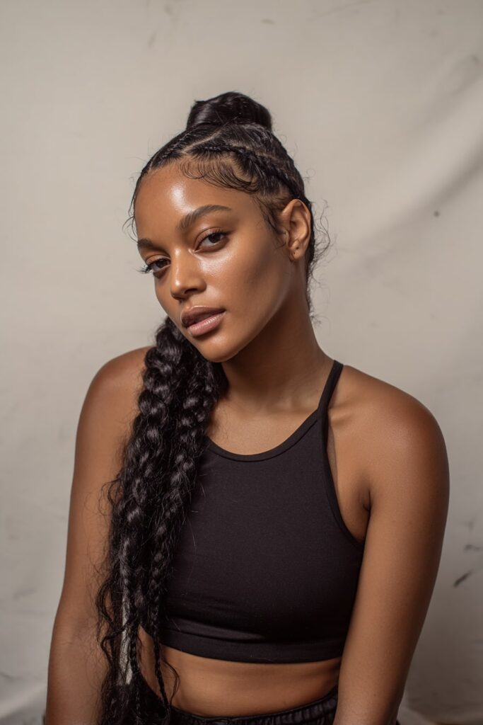 Jayda Wayda-style high braided ponytail with swirled baby hairs and sleek styling.