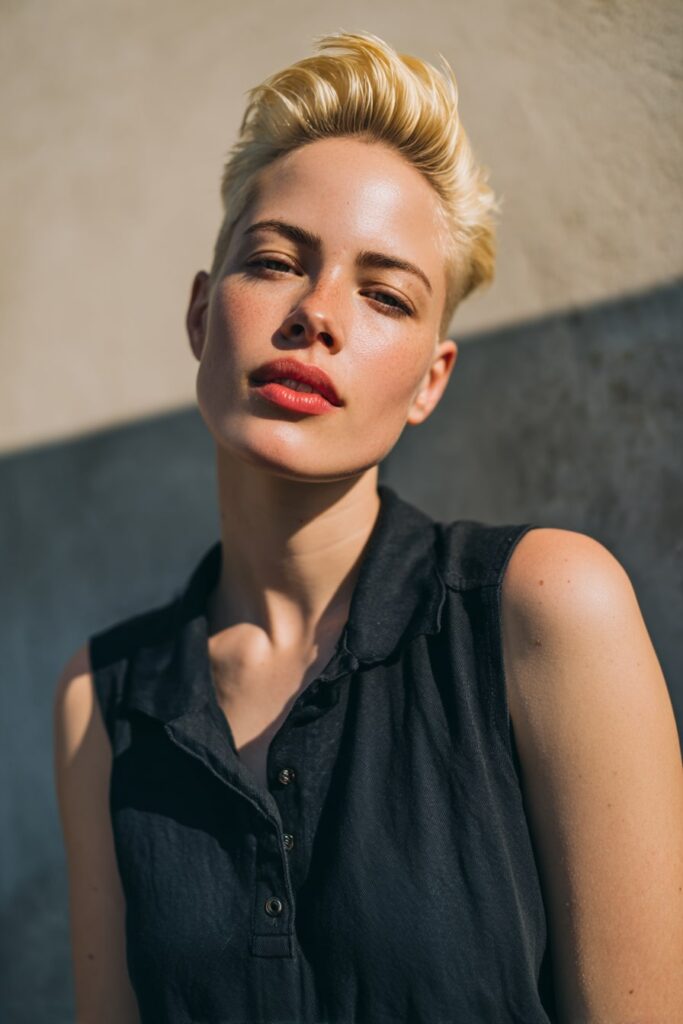 Golden blonde bixie hairstyle brushed back with soft volume and tapered base, worn with bold brows and neutral lips, set against a textured plaster background.