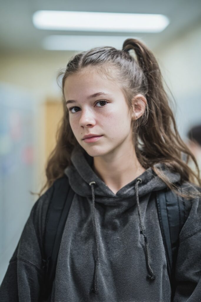 Teen girl with a bubble ponytail hairstyle featuring multiple sections tied with hair elastics, standing in a school hallway with a backpack.