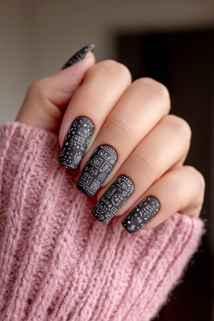 Matte black nails with white chalk-style doodles resembling a school chalkboard design.