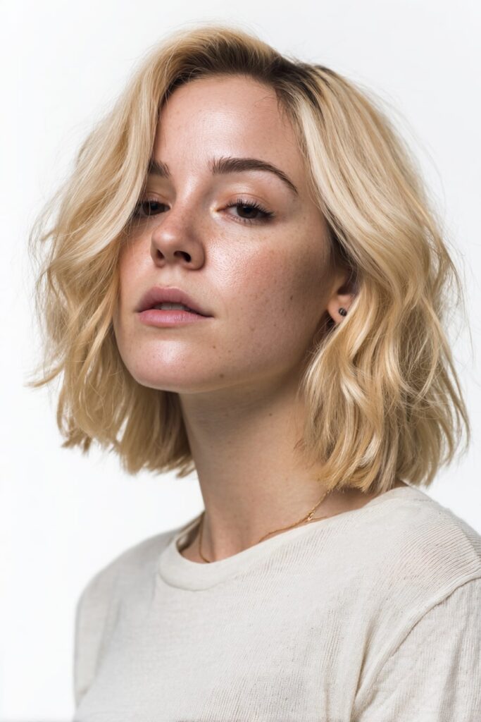American model with a precise box-shaped bob haircut in soft champagne blonde, styled with gentle waves and a clean finish, photographed against a seamless white backdrop.