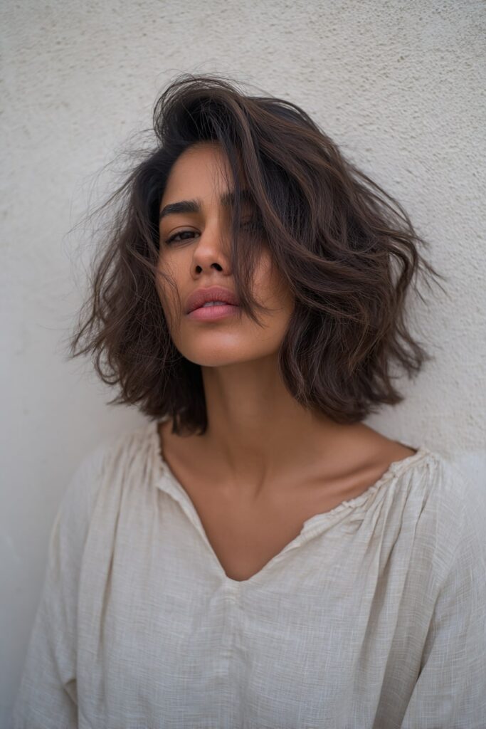 American woman with thick hair styled in a jaw-length choppy bob with visible layering for texture and movement, wearing a neutral top, set against a lightly textured wall.