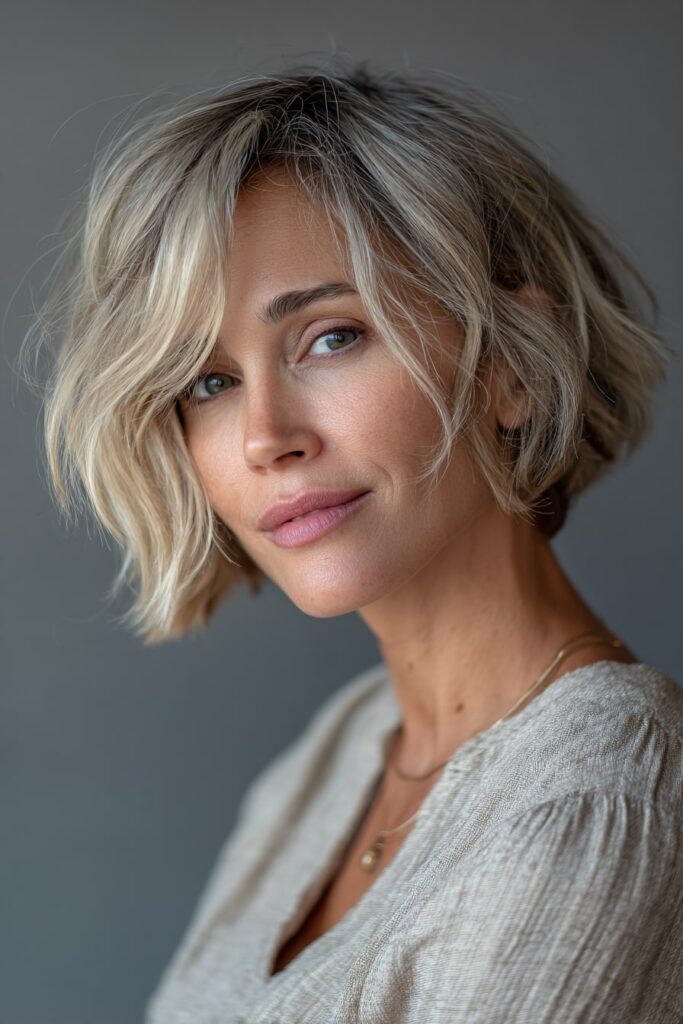 Trendy mature woman wearing a choppy inverted bob with blonde highlights, standing confidently in a softly lit neutral-toned portrait.
