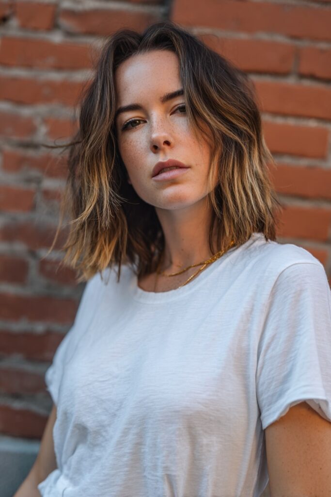 Female model with shoulder-length hair styled in edgy choppy layers, outward-flicked ends, and soft balayage, posing casually against an urban brick wall.