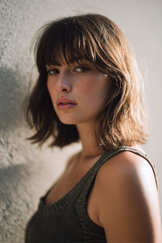 Bold 90s grunge hairstyle with thick platinum highlights contrasting dark brown base, shoulder-length layers and soft wave, shot against a plaster wall background.