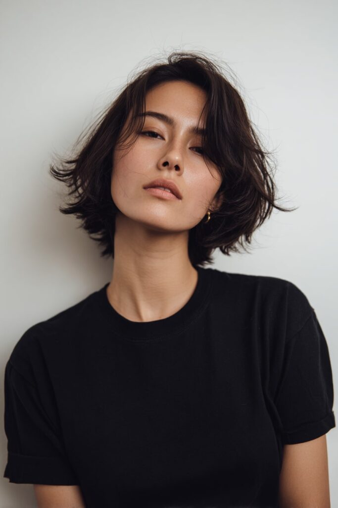 American model with a classic 90s bixie haircut featuring soft crown volume, tapered nape, and subtle side fringe in deep brunette, styled simply against a seamless white backdrop.