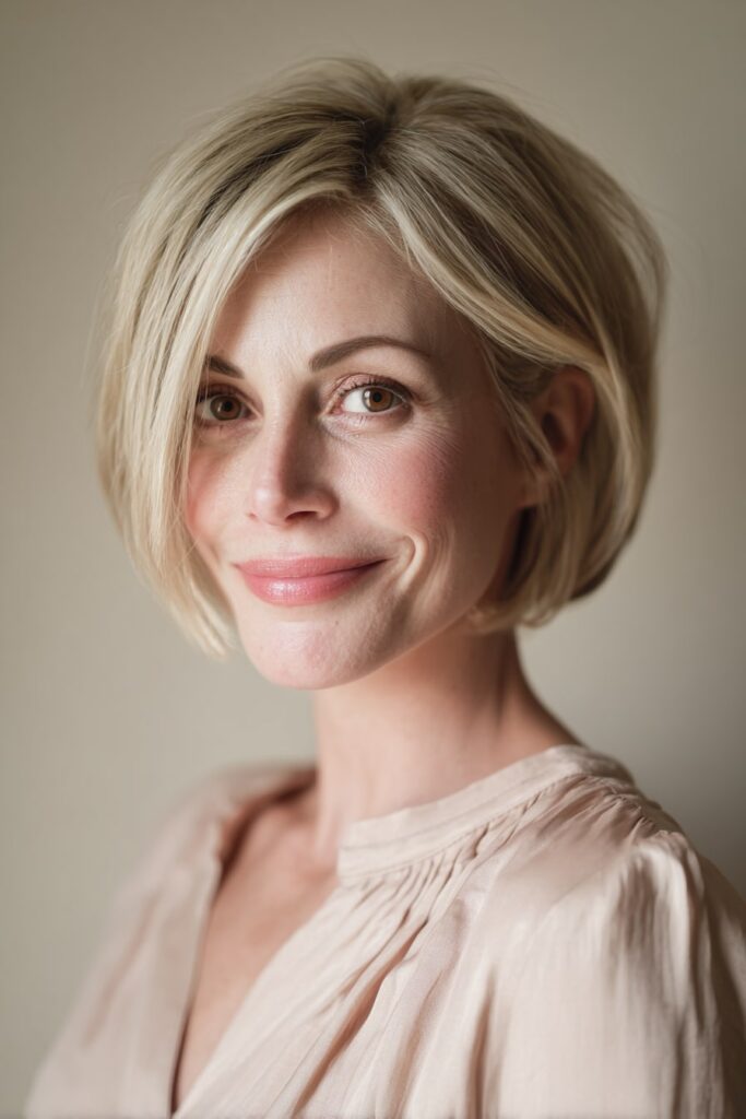 Mature woman with a classic angled stacked bob, side-parted and smooth, captured under natural light in a soft gray setting.