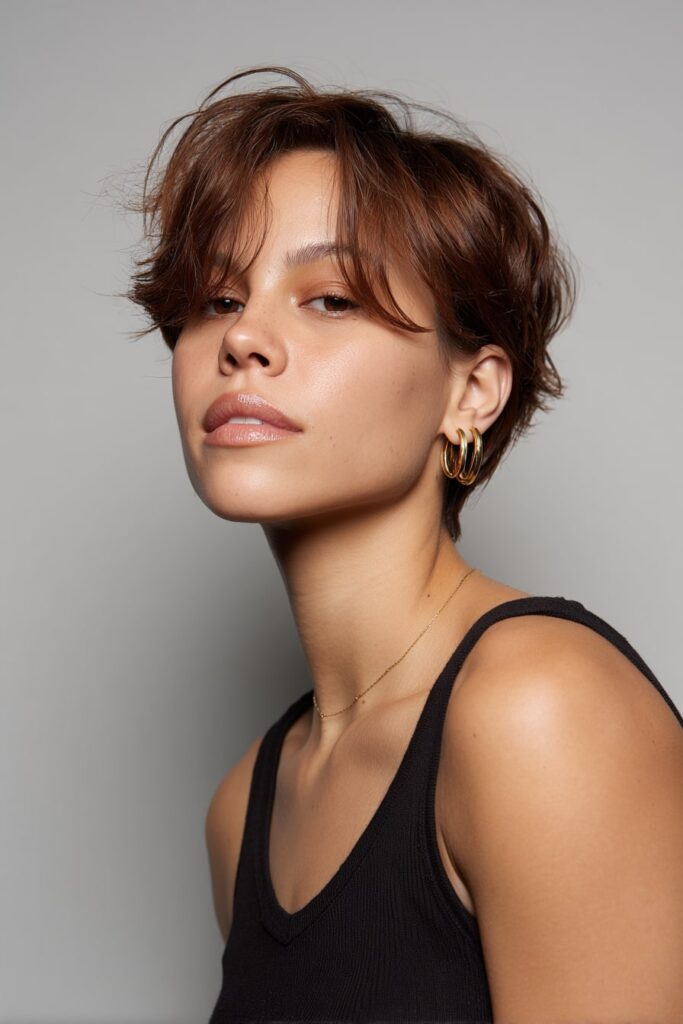 American model with a classic cropped pixie cut, close to the scalp with soft layers and subtle fringe, warm brunette hair, styled naturally against a clean white backdrop.