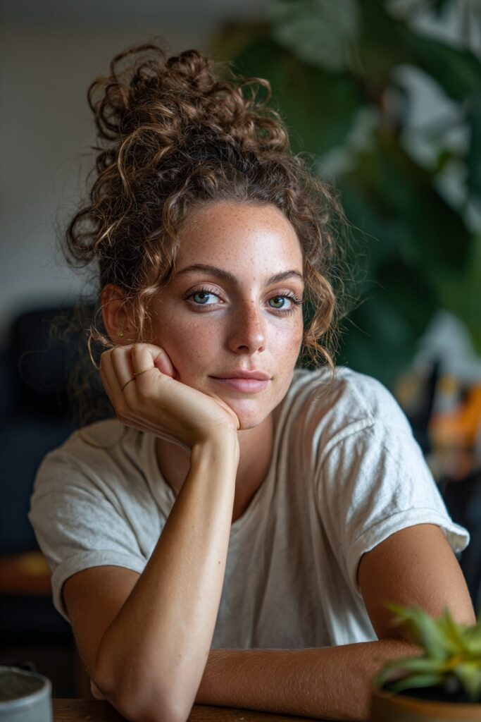 Black woman with curly hair gathered in a loose claw clip updo, face-framing tendrils, wearing a simple cotton tee, sitting near a coffee table with indoor plants.