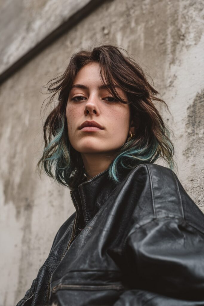 Model with shoulder-length tousled hair dyed with bold neon green and blue tips over a dark brown base, styled with a lived-in grunge finish, captured against concrete.