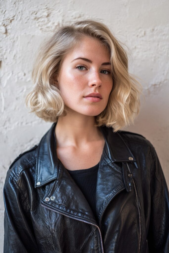 Model with blunt ash blonde wavy bob, styled with soft bends and a deep side part, edgy minimalist fashion, urban textured wall in the background.