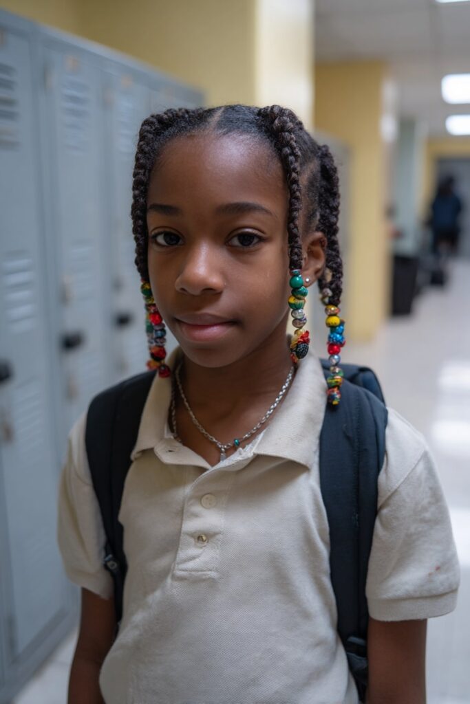 African-American schoolgirl with neat cornrows decorated with colorful beads, smiling near lockers while wearing a school polo shirt.