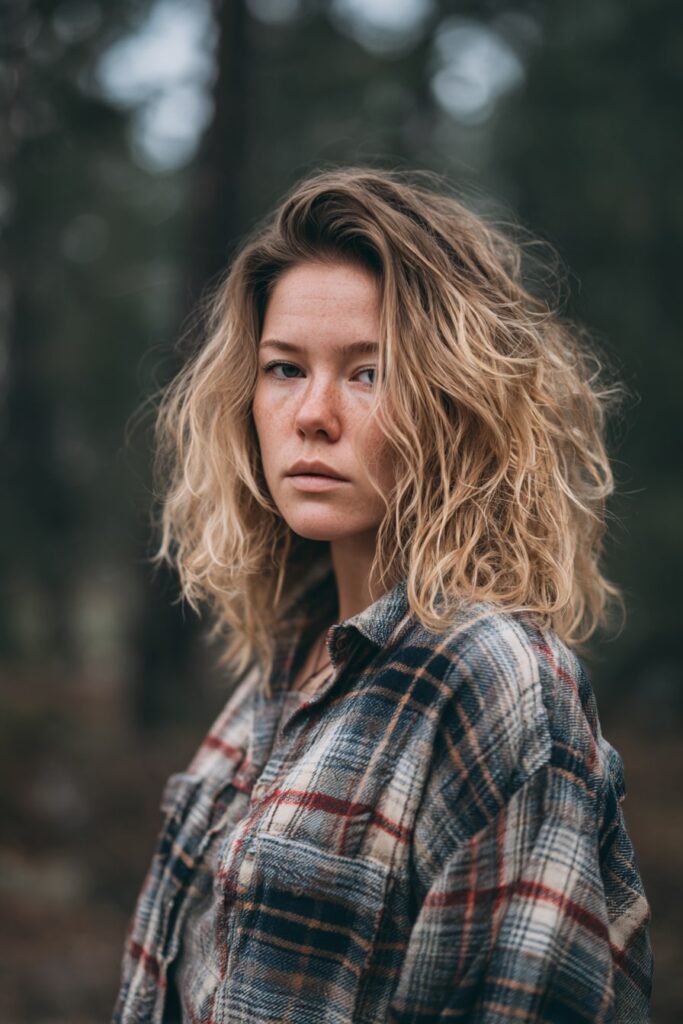 Bleached medium-length hair styled in crimped waves with grown-out roots and natural texture, worn by an American model in a loose flannel shirt, forest-edge background.