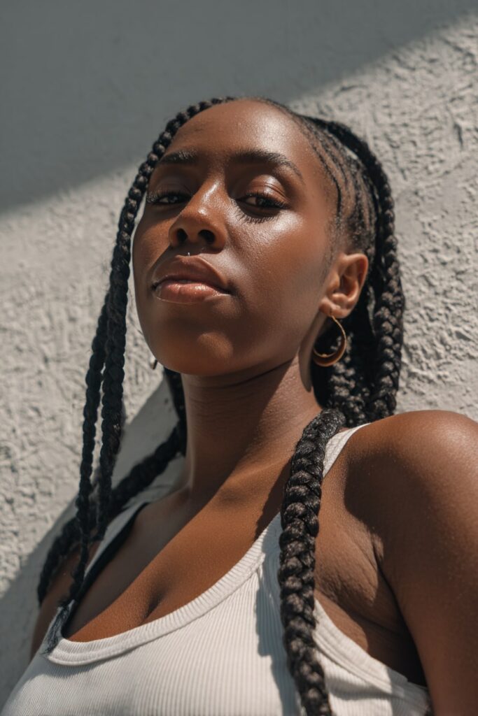 Detailed shot of crisscross Jayda Wayda cornrows with sleek edges and long hanging braids.