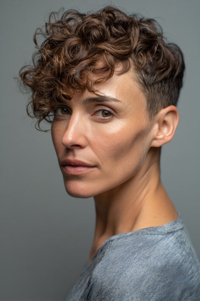American model with a short asymmetrical cut featuring vivid magenta and purple color blocking, sharply angled with a side fringe, styled against a rough plaster wall for a bold effect.