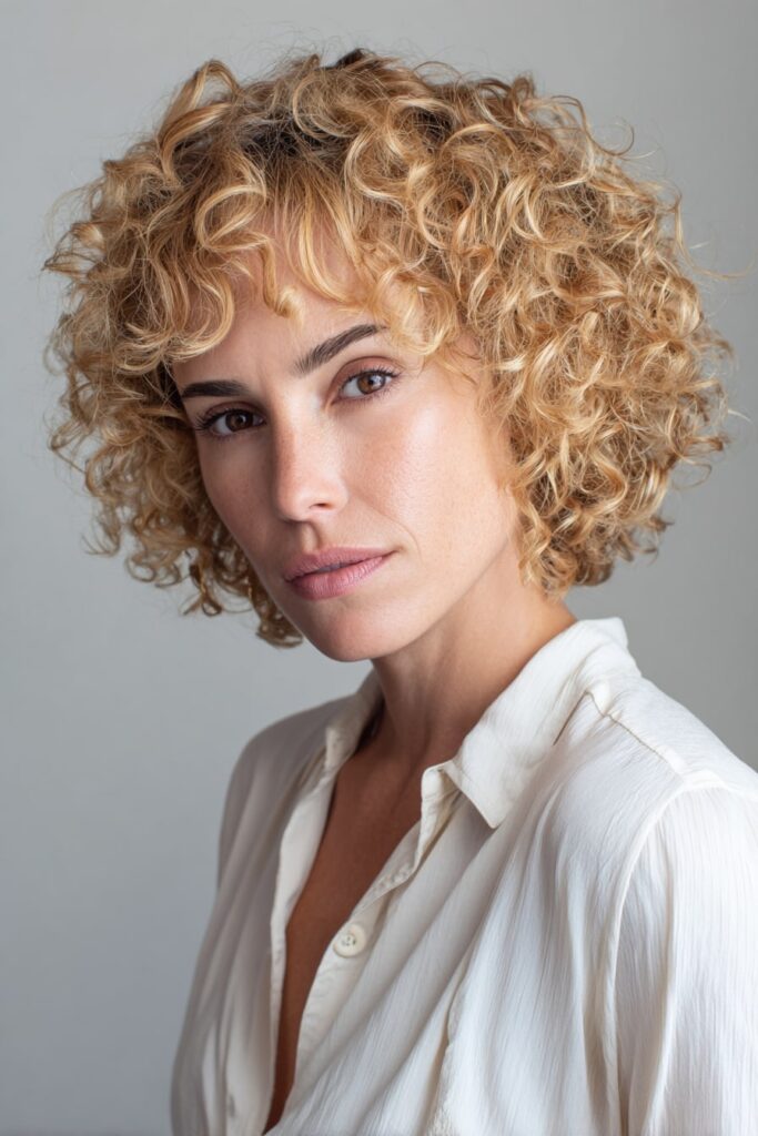 American woman with short golden blonde curly bob and full wispy bangs, styled in soft natural curls, wearing a neutral top on a clean studio backdrop.