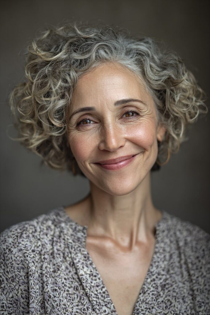 Stylish older woman with curly inverted bob showcasing natural texture, joyful expression under soft lighting in a clean photo studio.