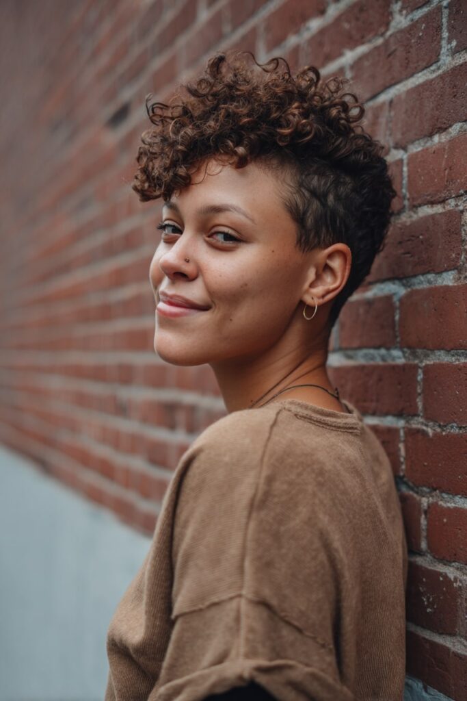 American model embracing her natural curls in a 90s pixie cut, coiled texture with a tapered shape, espresso tone, wearing a soft smile, standing near an urban brick wall.