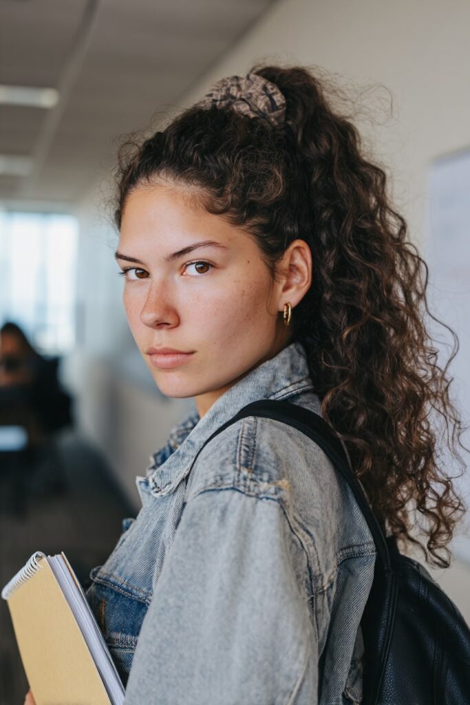 Teenage girl with a voluminous curly ponytail tied with a fabric scrunchie, holding a notebook in a classroom lit by natural daylight.