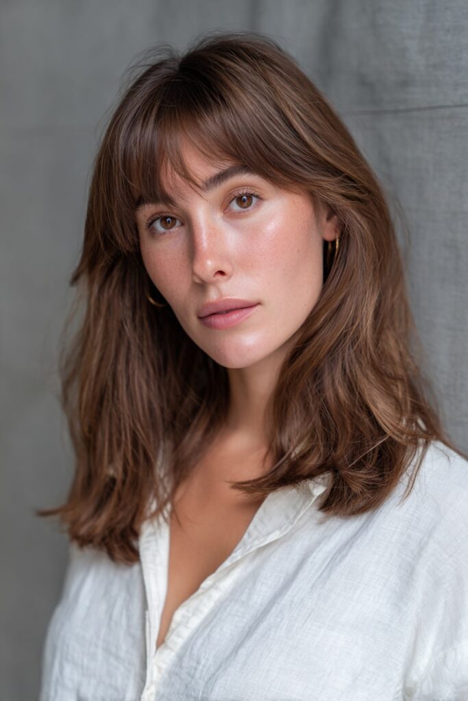 Model with long wavy hair and voluminous 90s-style curtain bangs, soft face-framing layers in a faded brunette tone, shot on a muted gray studio background.