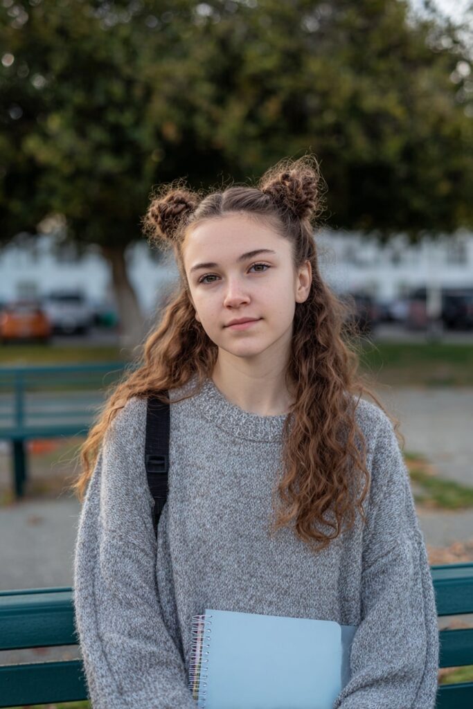 Young girl with two French braids wrapped into space buns, dressed in a sweater and carrying books near a schoolyard bench.
