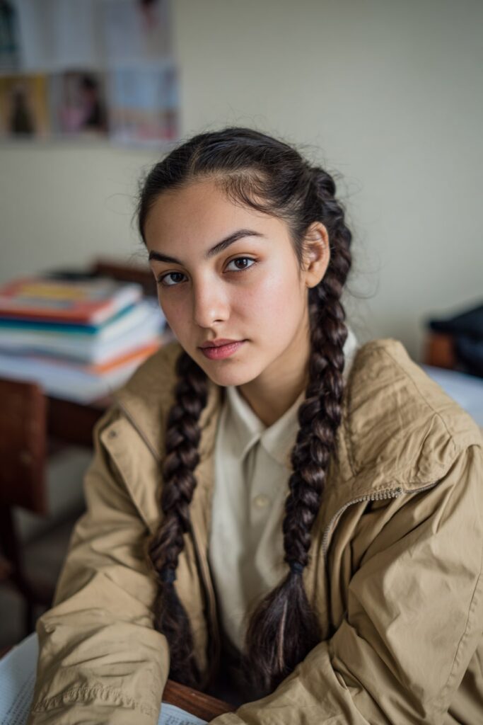 Girl with two Dutch braids in pigtails, neat parting, and dressed in a casual jacket, sitting at a classroom desk with books.