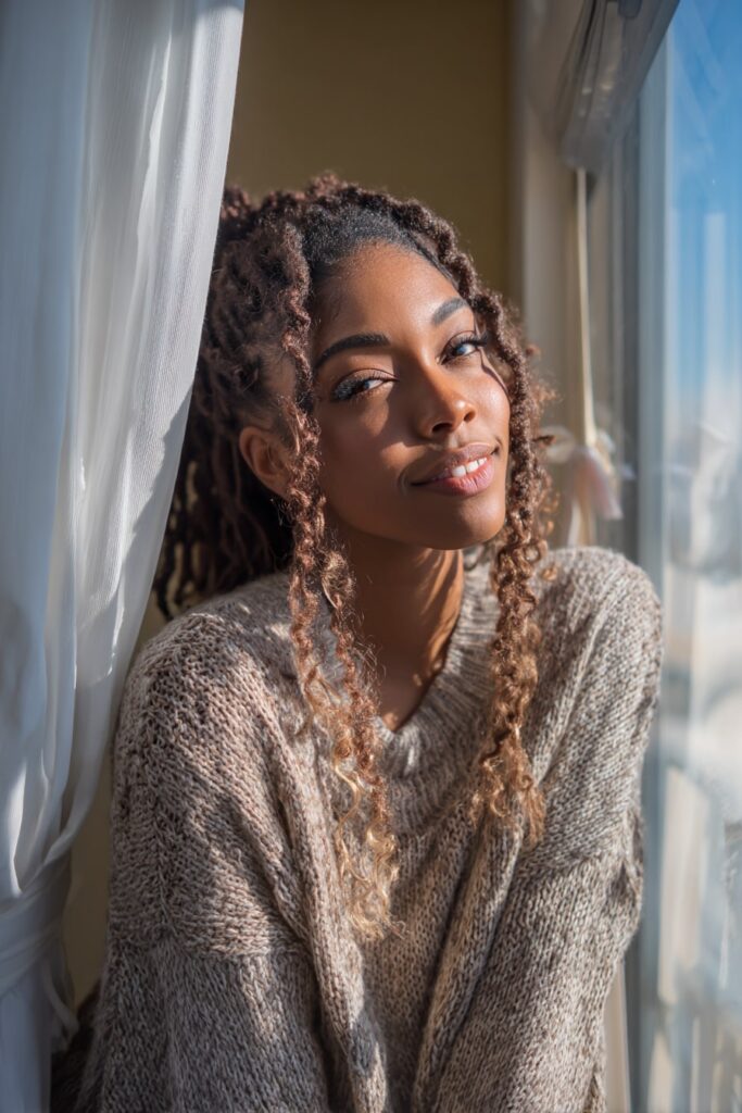 Black woman with relaxed Dutch braids, soft curls framing her face, standing near a window in a knitted sweater with sheer curtains and daylight streaming in.