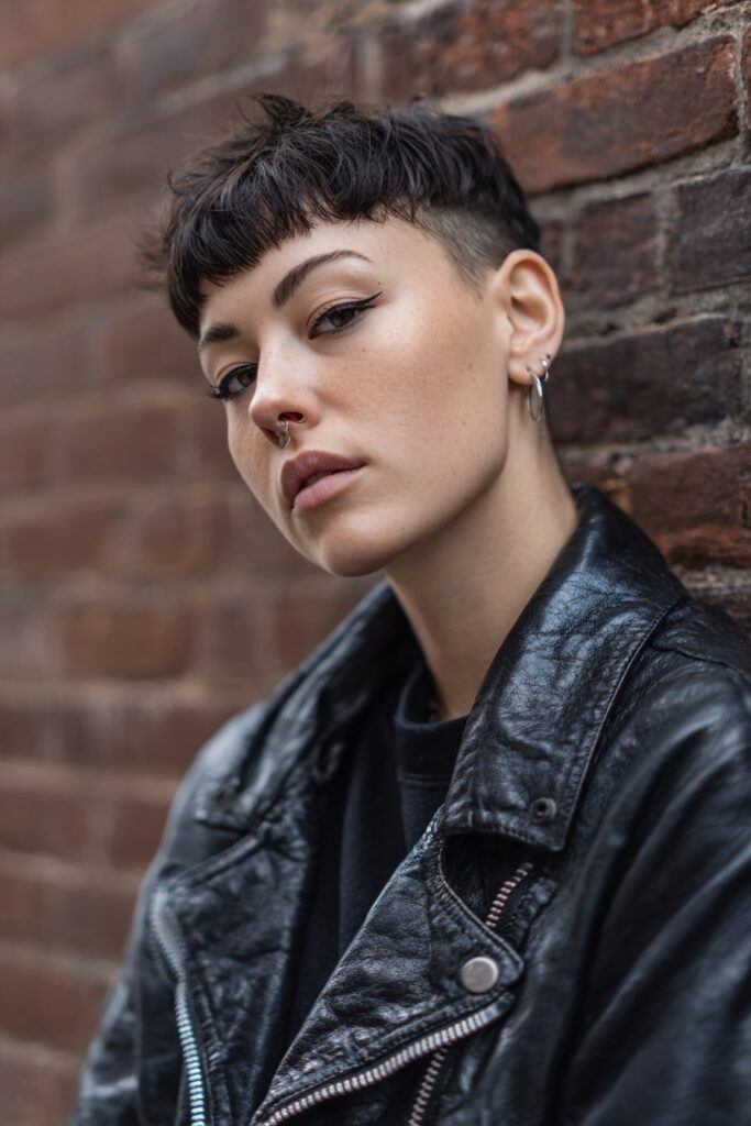Model with an edgy 90s pixie haircut featuring a sharp undercut and longer tousled top, jet black hair, wearing dark eyeliner and a leather jacket in front of an urban brick wall.