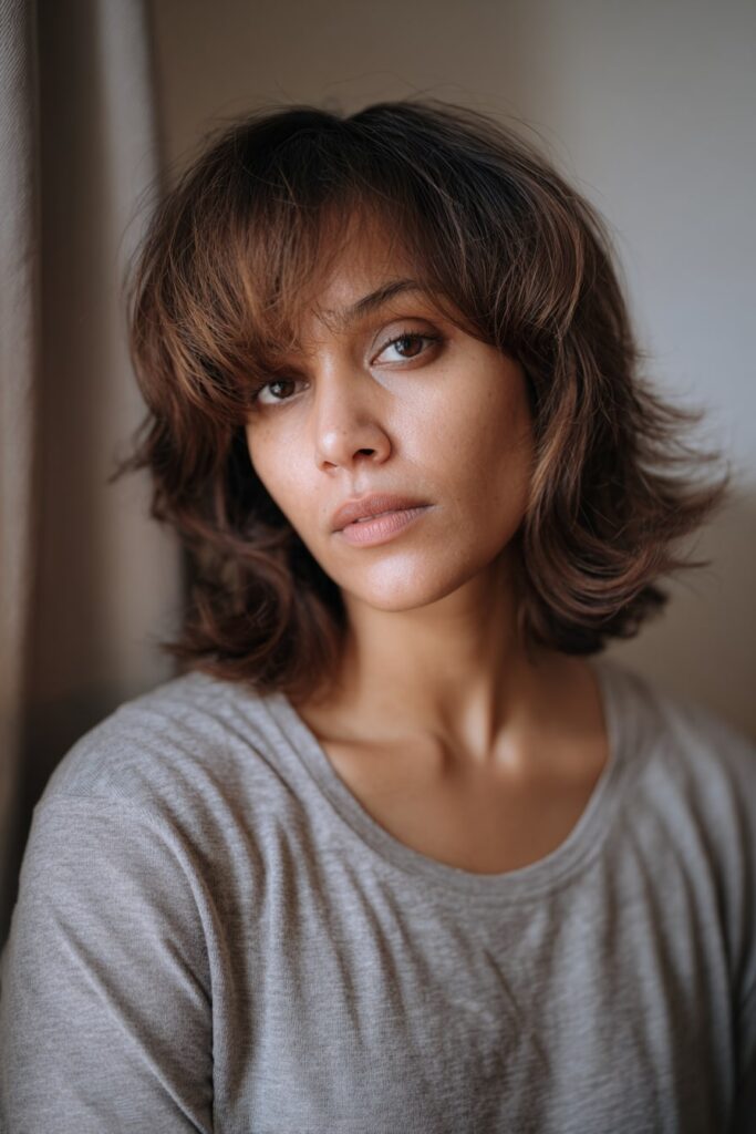 American woman with soft curtain bangs and gentle face-framing layers on medium-length hair, natural brown tone, styled with volume and light movement, against a soft gray fabric backdrop.