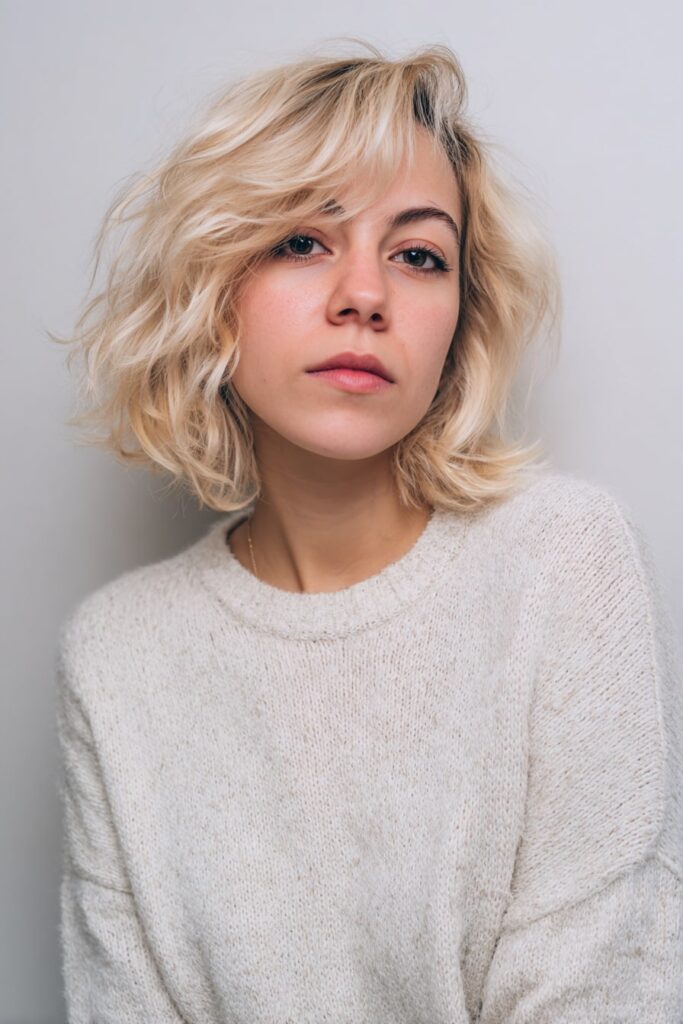 Shoulder-grazing blonde bob with feathered layers, flicked-out ends and soft texture, worn by a smiling model against a seamless white background.