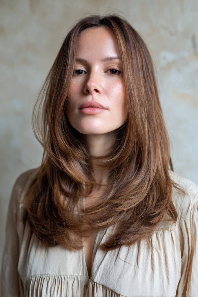 American woman with long, feathered layers styled in soft, natural waves, wearing a neutral blouse, photographed against a textured plaster background with gentle volume at the ends.