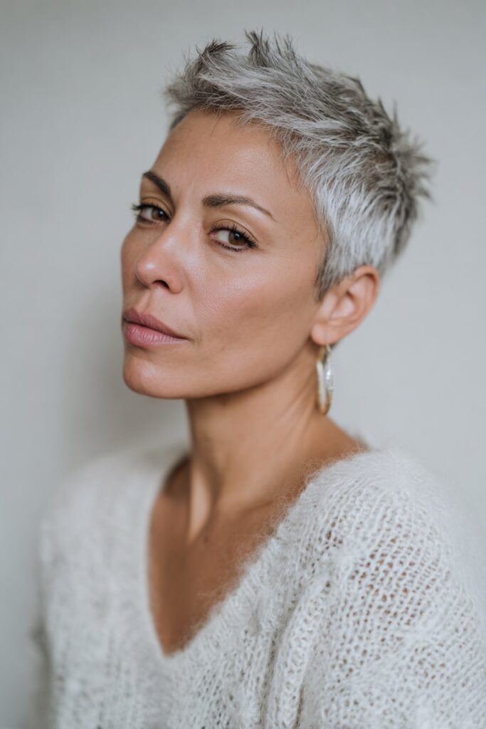 Mature American model with salt-and-pepper short hair feathered into gentle spikes, styled naturally with hoop earrings and a cozy top in front of a seamless white backdrop.