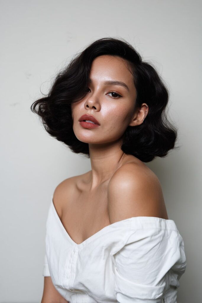 Glossy finger-waved bixie haircut styled with vintage 90s flair, deep side part and sculpted shape, jet-black tone, minimalist off-shoulder look against white backdrop.