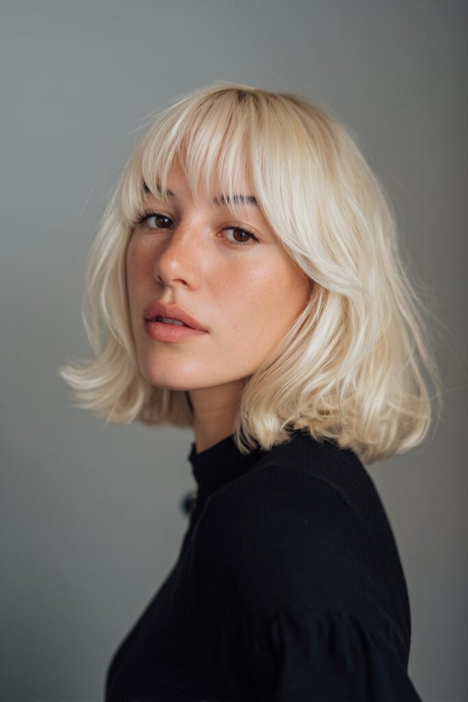 American model with short cool-toned French bob, soft waves and full straight bangs, minimal makeup and a chic outfit, set on a soft gray backdrop.