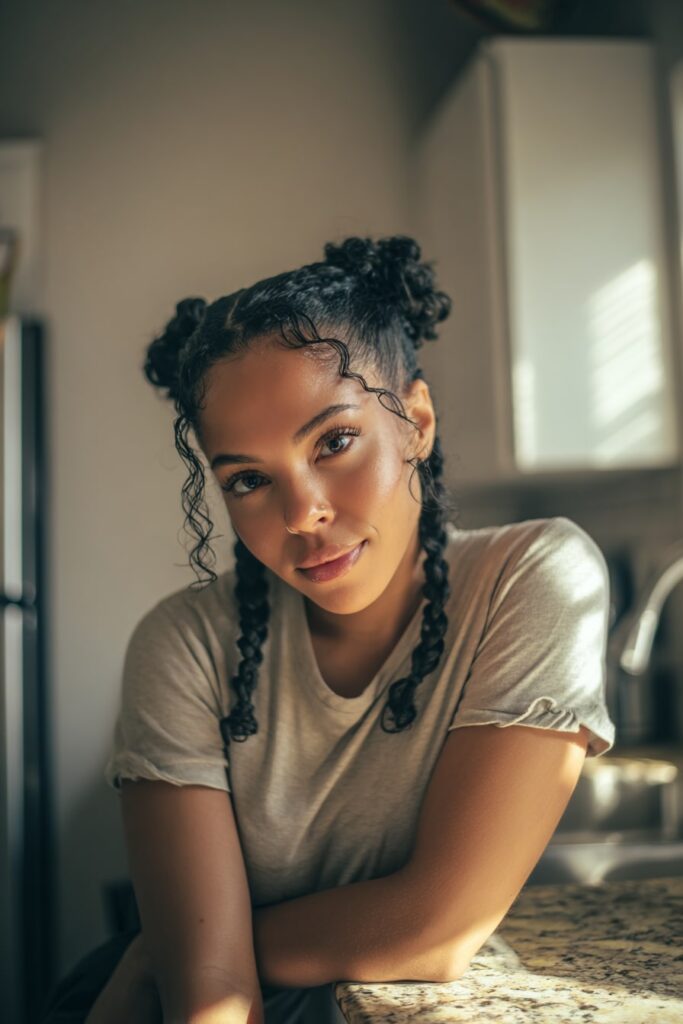 Black woman with curly hair styled into two low-tension French braids, wearing a casual cotton tee, sitting near a kitchen counter with natural morning light.