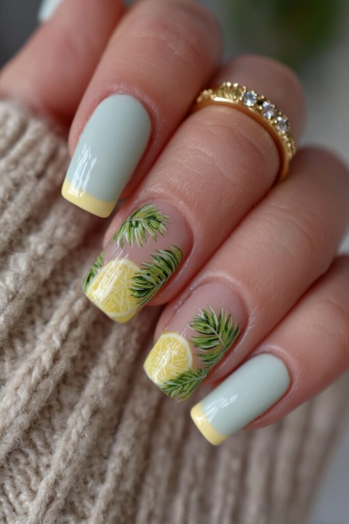Modern French tip nails with mint green and lemon yellow tips over a neutral base.