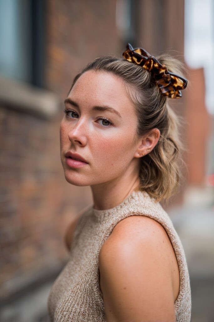 Easy French twist updo secured with claw clip, quick summer hairstyle for medium hair