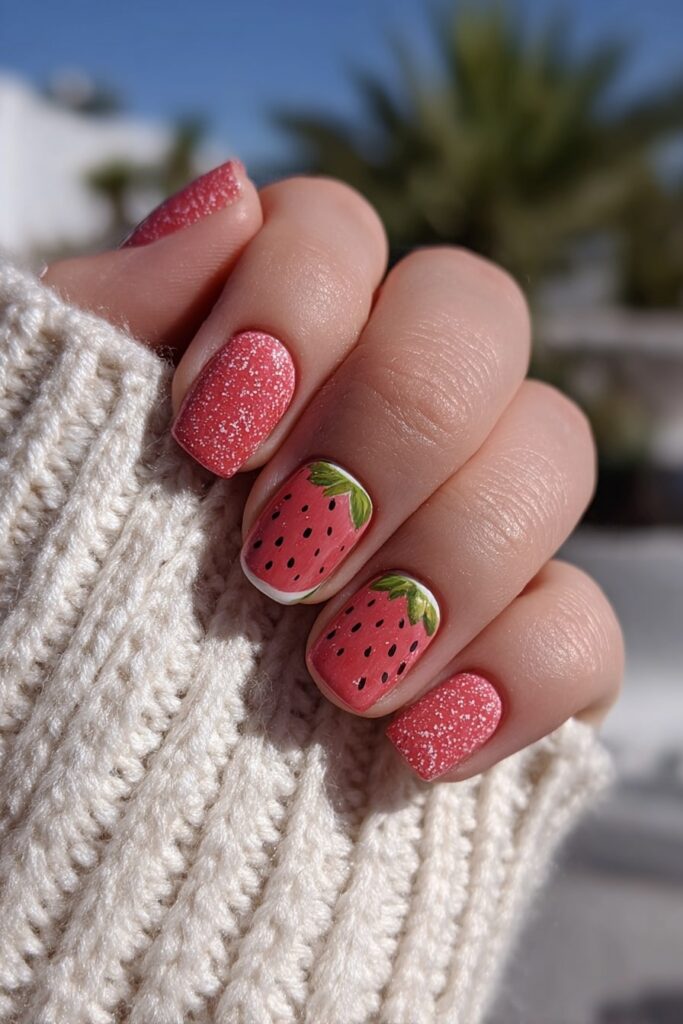 Summer nails designed with juicy watermelon patterns, red and green colors, and tiny seed details.