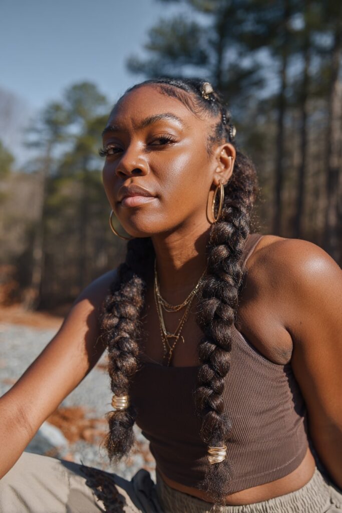 Boho-inspired Jayda Wayda Fulani braids with center braid and beaded side braids, styled naturally.