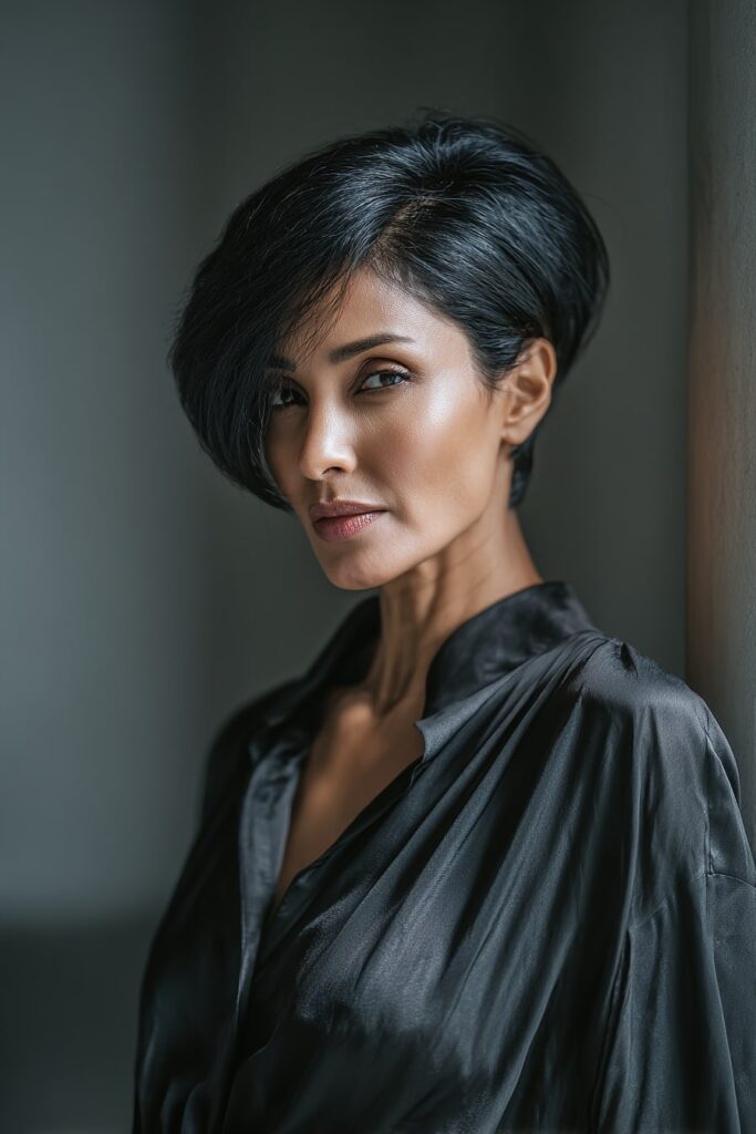 Mature woman with a short glossy black stacked bob, sleek and polished style, side-lit in a minimalist portrait space.