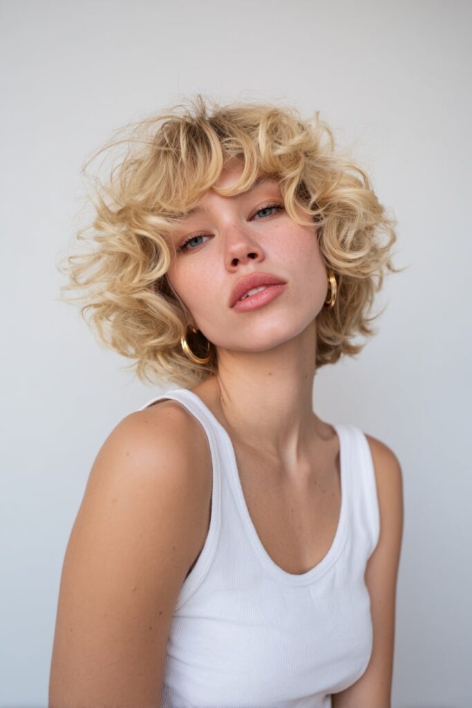 Model with blunt ash blonde wavy bob, styled with soft bends and a deep side part, edgy minimalist fashion, urban textured wall in the background.