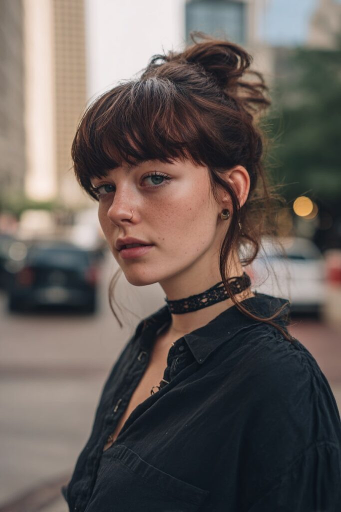Edgy grown-out pixie haircut with uneven layers and messy fringe, deep chestnut brown hair, grunge makeup, worn with a choker necklace in a moody urban alley setting.