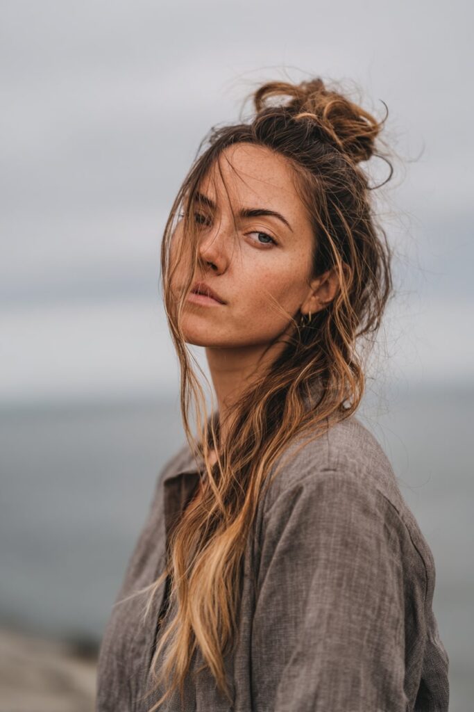 Model with long, soft beach waves in ash blonde hair with visible dark roots, styled with matte texture and minimal makeup, relaxed grunge vibe on gray studio backdrop.