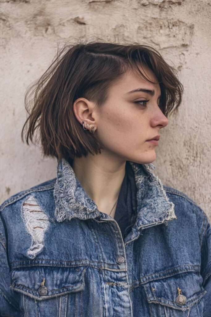 Model wearing a short choppy bob haircut with a hidden undercut, deep center part and faded purple-brown tones, styled with edgy texture in front of a distressed plaster wall.